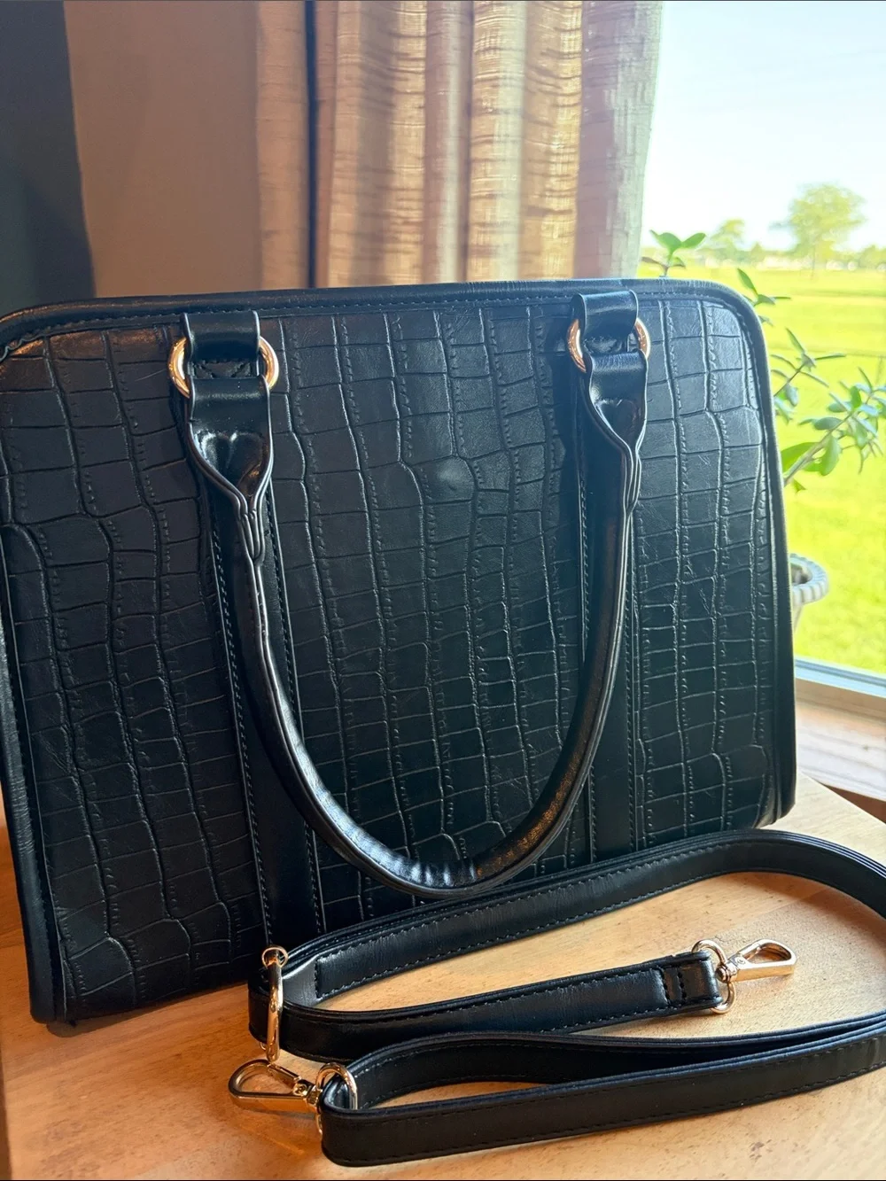 Black and Burgundy Croc-Embossed Satchel Handbag with Gold Hardware
